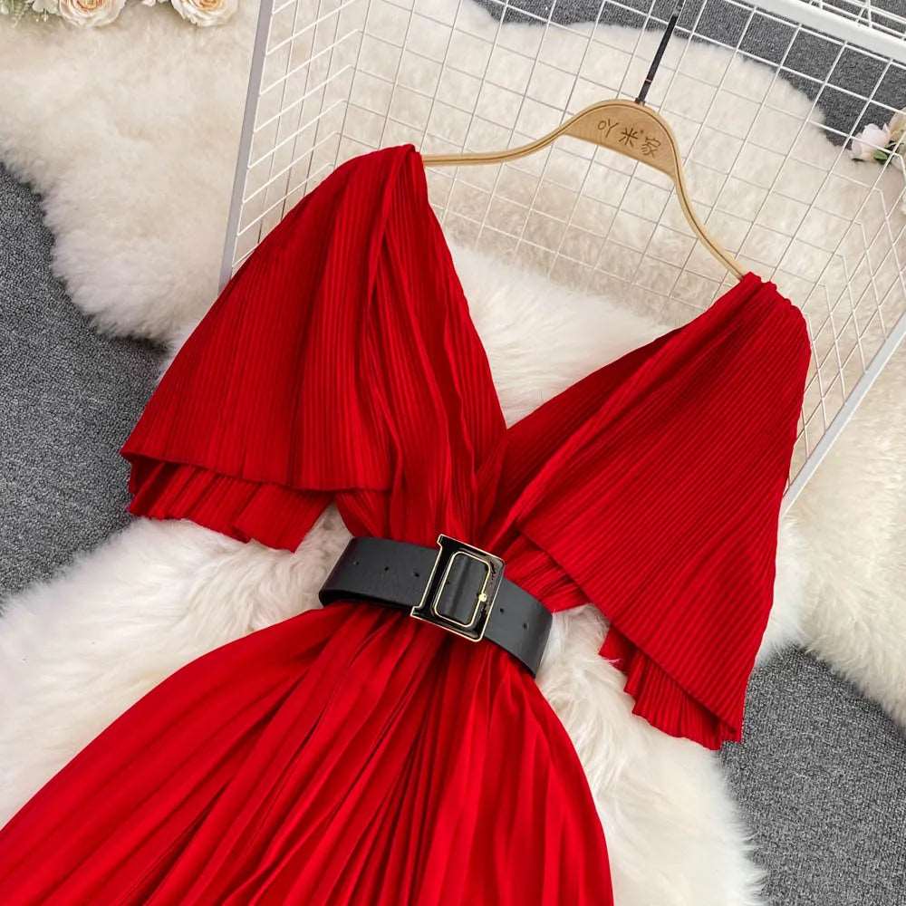 Women's Elegant V-neck Pleated A-line Swing Dress - ChoreGirl
