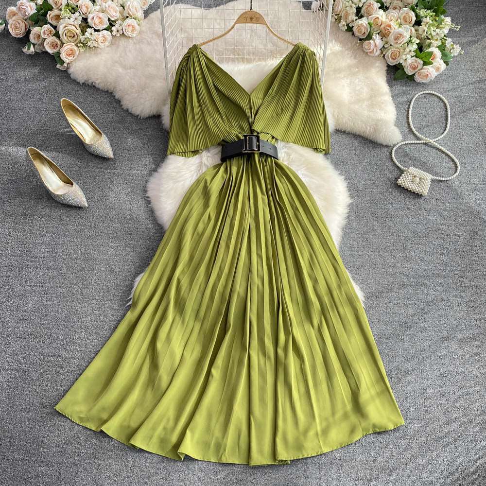 Women's Elegant V-neck Pleated A-line Swing Dress - ChoreGirl