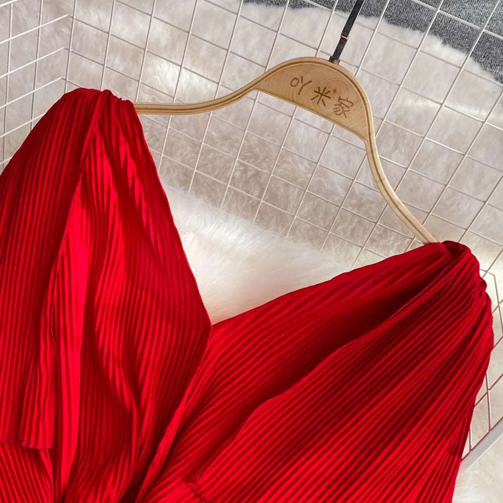 Women's Elegant V-neck Pleated A-line Swing Dress - ChoreGirl