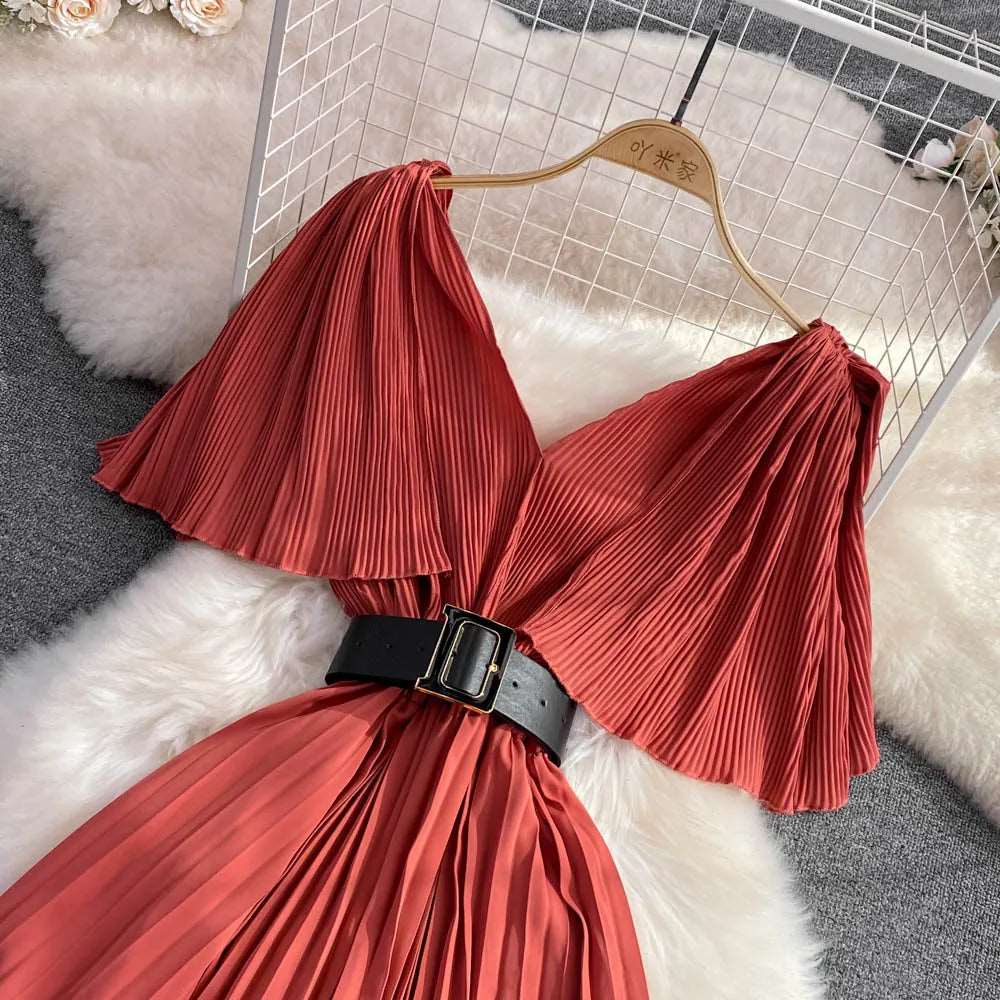 Women's Elegant V-neck Pleated A-line Swing Dress - ChoreGirl