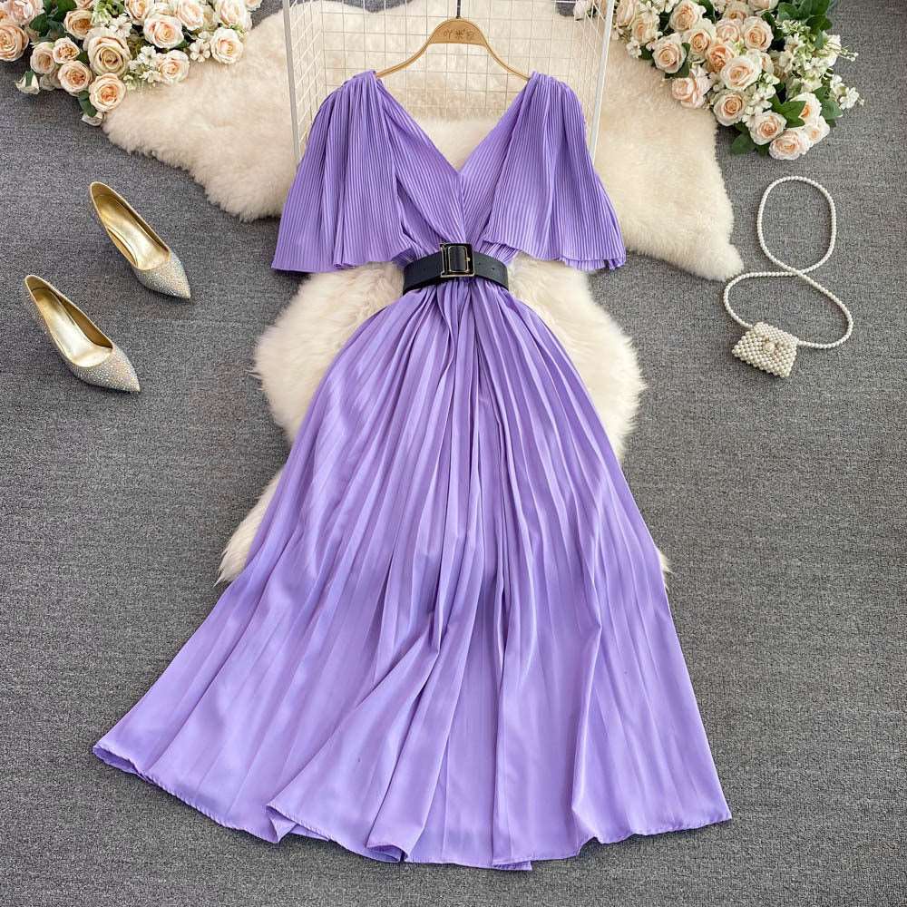 Women's Elegant V-neck Pleated A-line Swing Dress - ChoreGirl