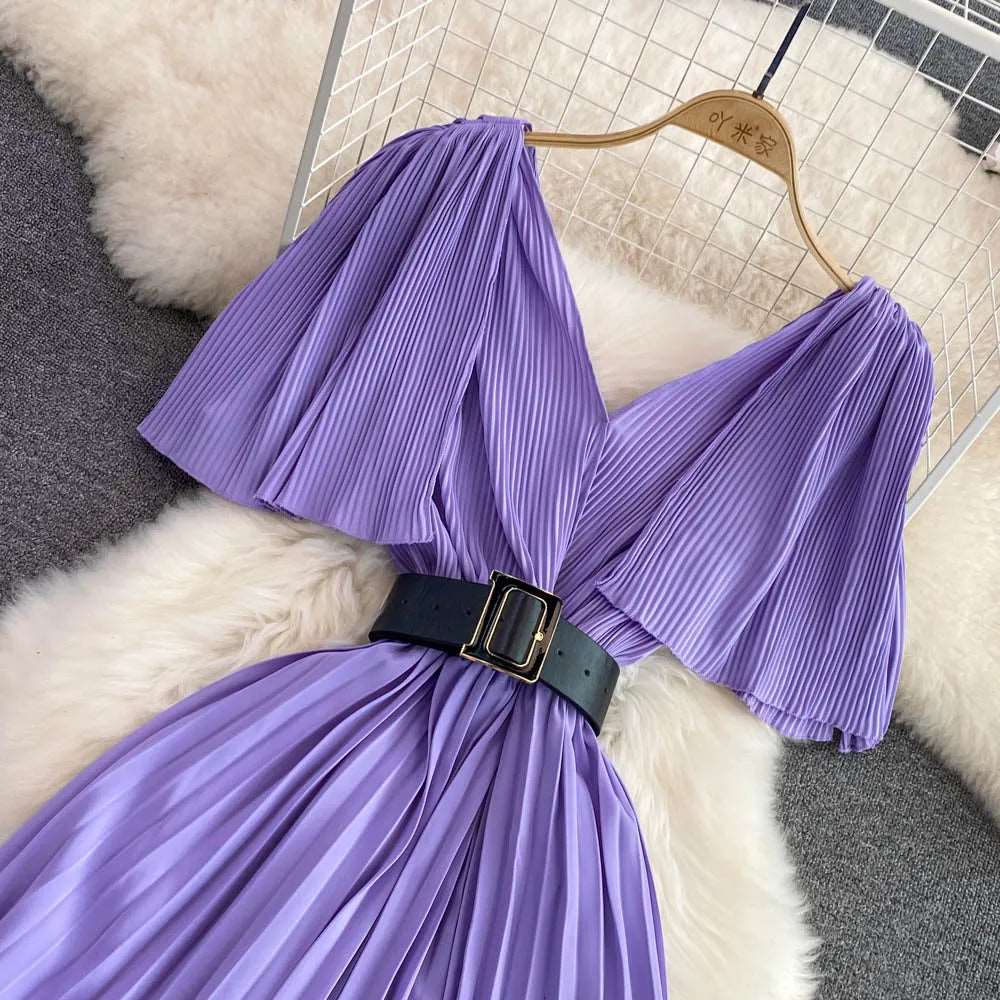 Women's Elegant V-neck Pleated A-line Swing Dress - ChoreGirl