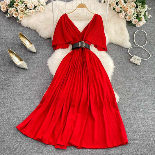 Women's Elegant V-neck Pleated A-line Swing Dress - ChoreGirl