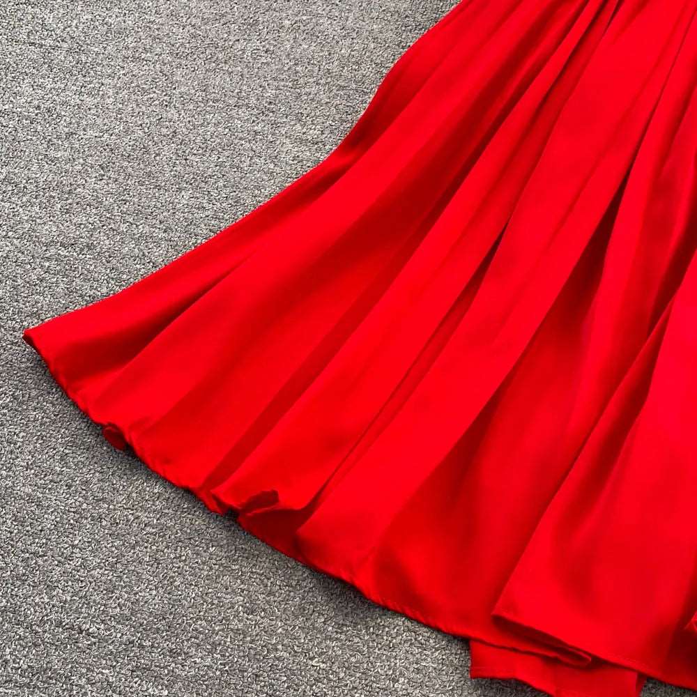 Women's Elegant V-neck Pleated A-line Swing Dress - ChoreGirl