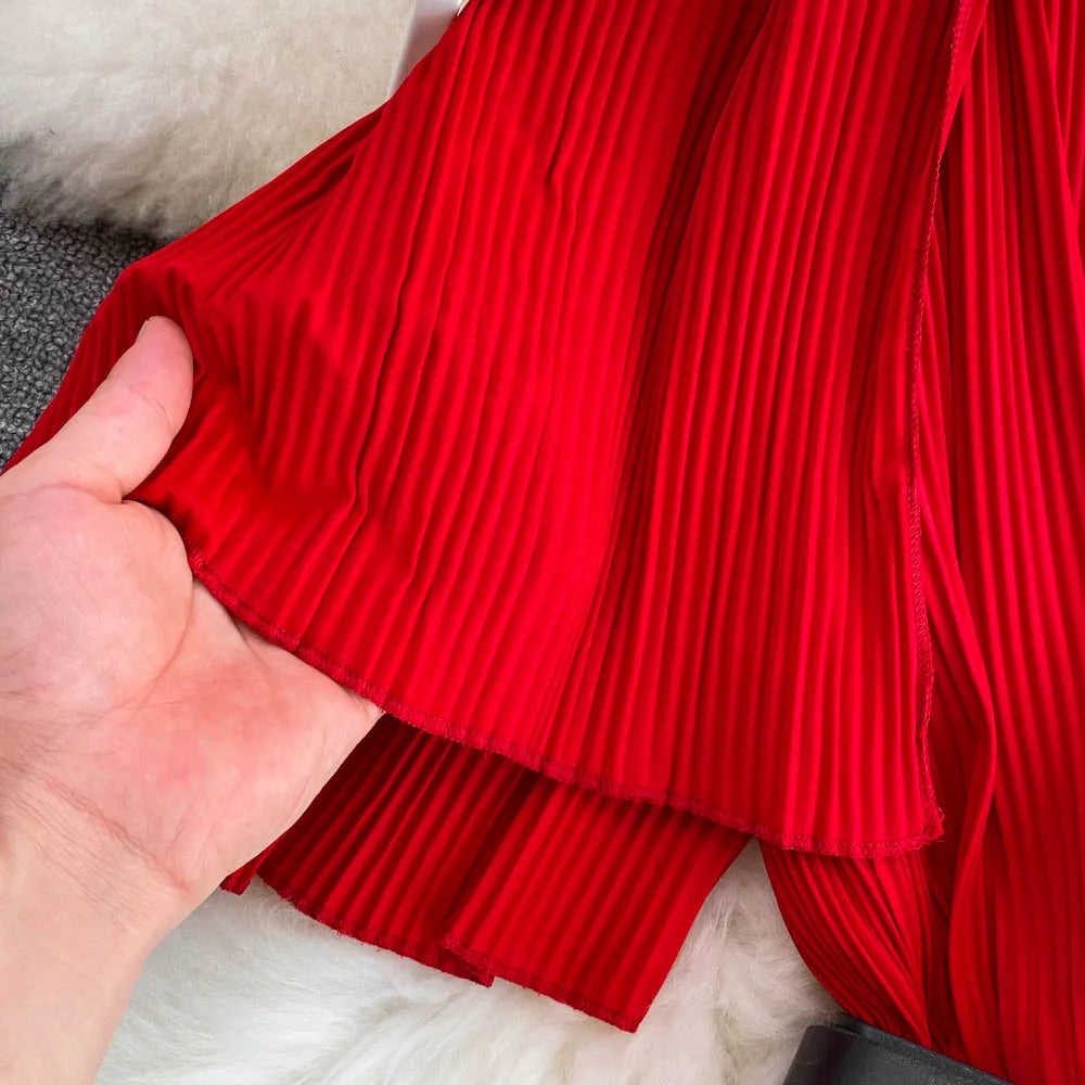 Women's Elegant V-neck Pleated A-line Swing Dress - ChoreGirl