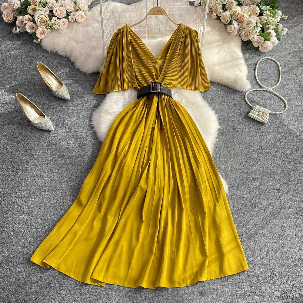 Women's Elegant V-neck Pleated A-line Swing Dress - ChoreGirl