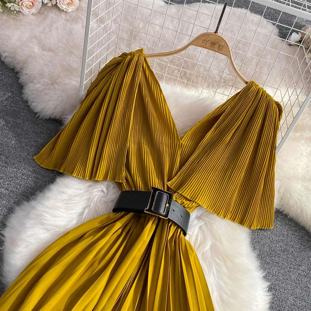 Women's Elegant V-neck Pleated A-line Swing Dress - ChoreGirl