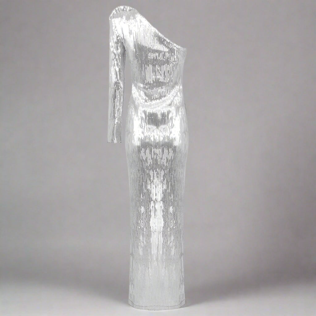 Women's Floral Asymmetrical Silver Sequin Gown - ChoreGirl
