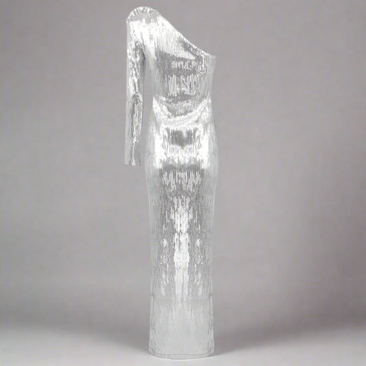 Women's Floral Asymmetrical Silver Sequin Gown - ChoreGirl