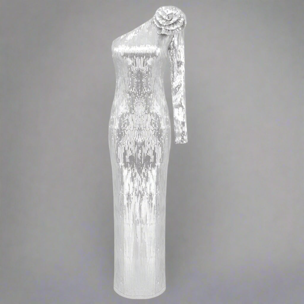 Women's Floral Asymmetrical Silver Sequin Gown - ChoreGirl
