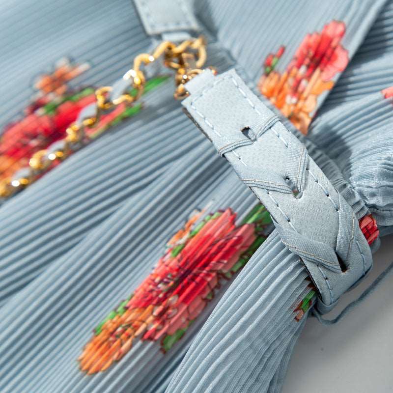 Women's Floral Pattern Pleated Dress With Belt - ChoreGirl