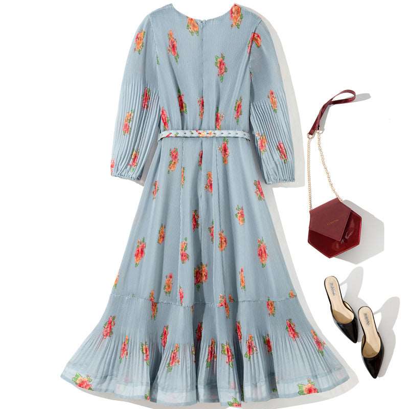 Women's Floral Pattern Pleated Dress With Belt - ChoreGirl