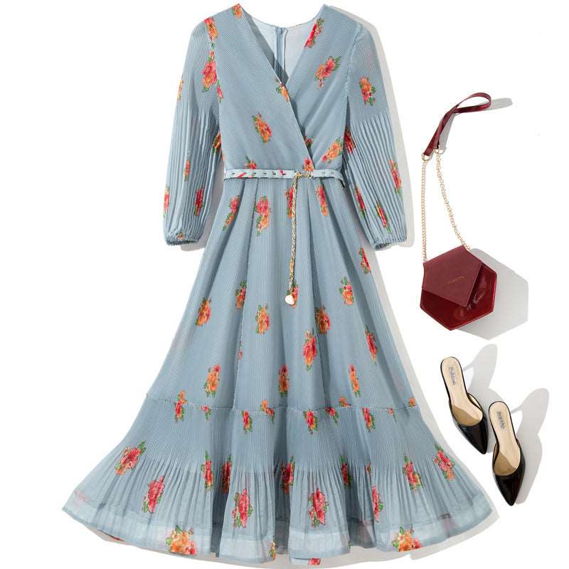 Women's Floral Pattern Pleated Dress With Belt - ChoreGirl