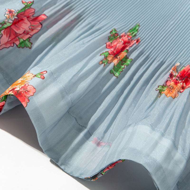 Women's Floral Pattern Pleated Dress With Belt - ChoreGirl