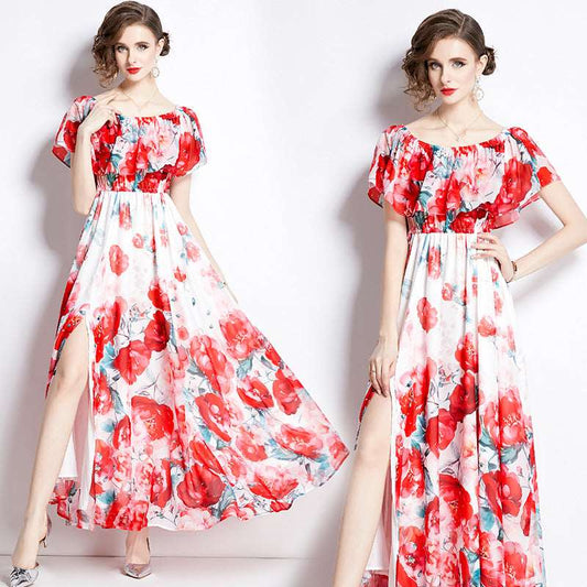 Women's Floral Print Split Chiffon Dress - ChoreGirl