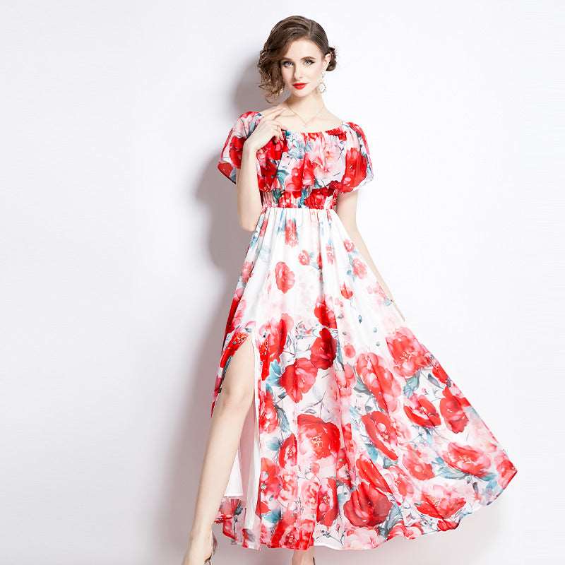 Women's Floral Print Split Chiffon Dress - ChoreGirl
