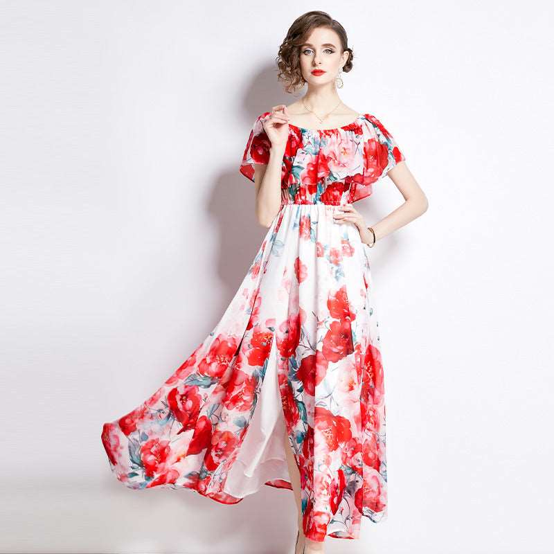Women's Floral Print Split Chiffon Dress - ChoreGirl