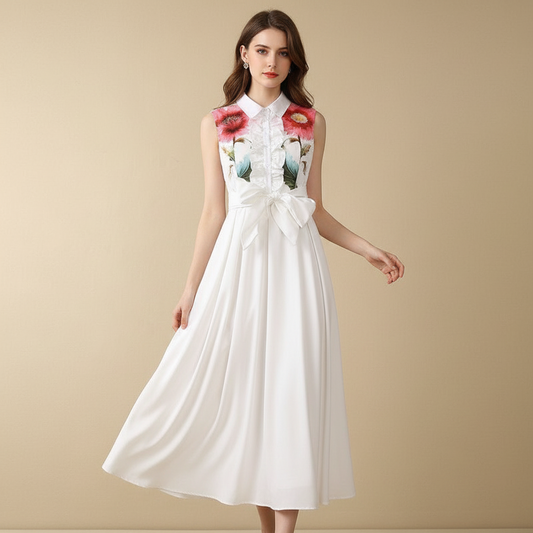 Ärmelloses Kleid mit Blumendruck, Reverskragen und Taschen für Damen