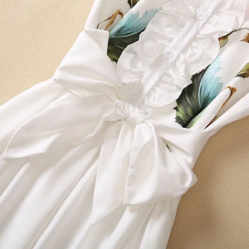 Women's Flower Print Lapel Collar Sleeveless Dress with Pockets - ChoreGirl