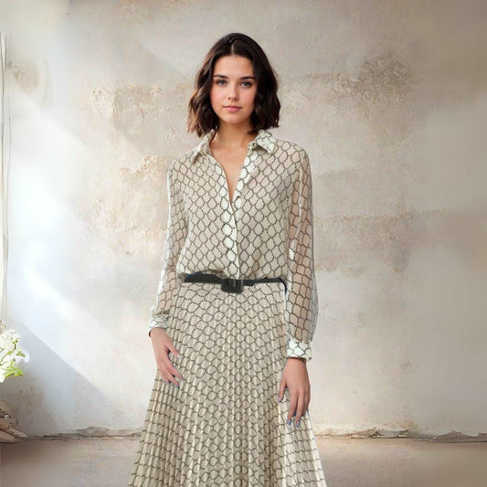 Women's Geometric Pattern Shirt and Skirt With Belt Outfit Set - ChoreGirl