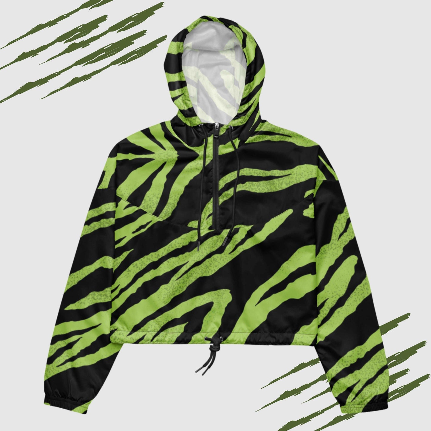 Custom Women’s Green Tiger Pattern Cropped Windbreaker Jacket | PERSONALIZED - ChoreGirl
