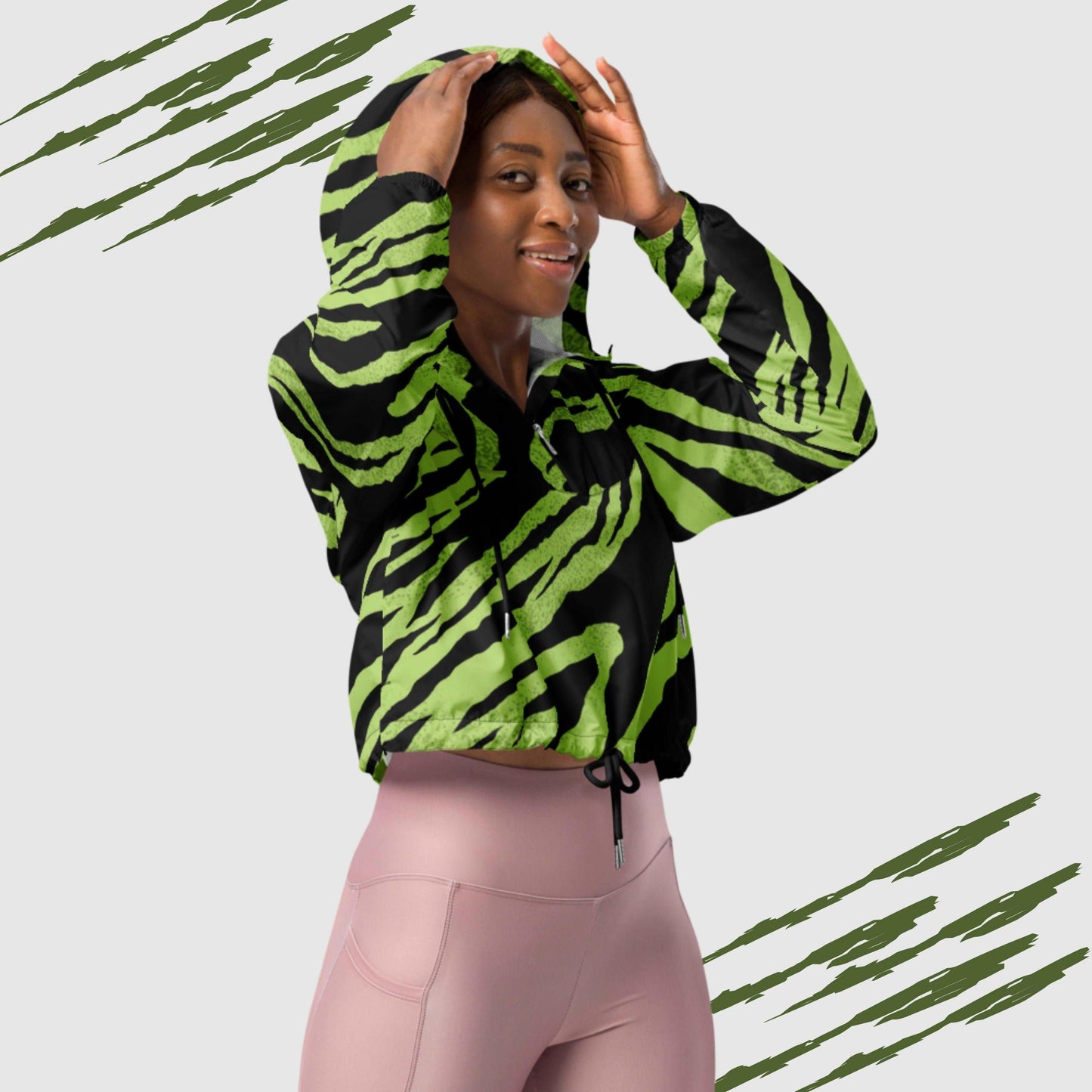 Custom Women’s Green Tiger Pattern Cropped Windbreaker Jacket | PERSONALIZED - ChoreGirl