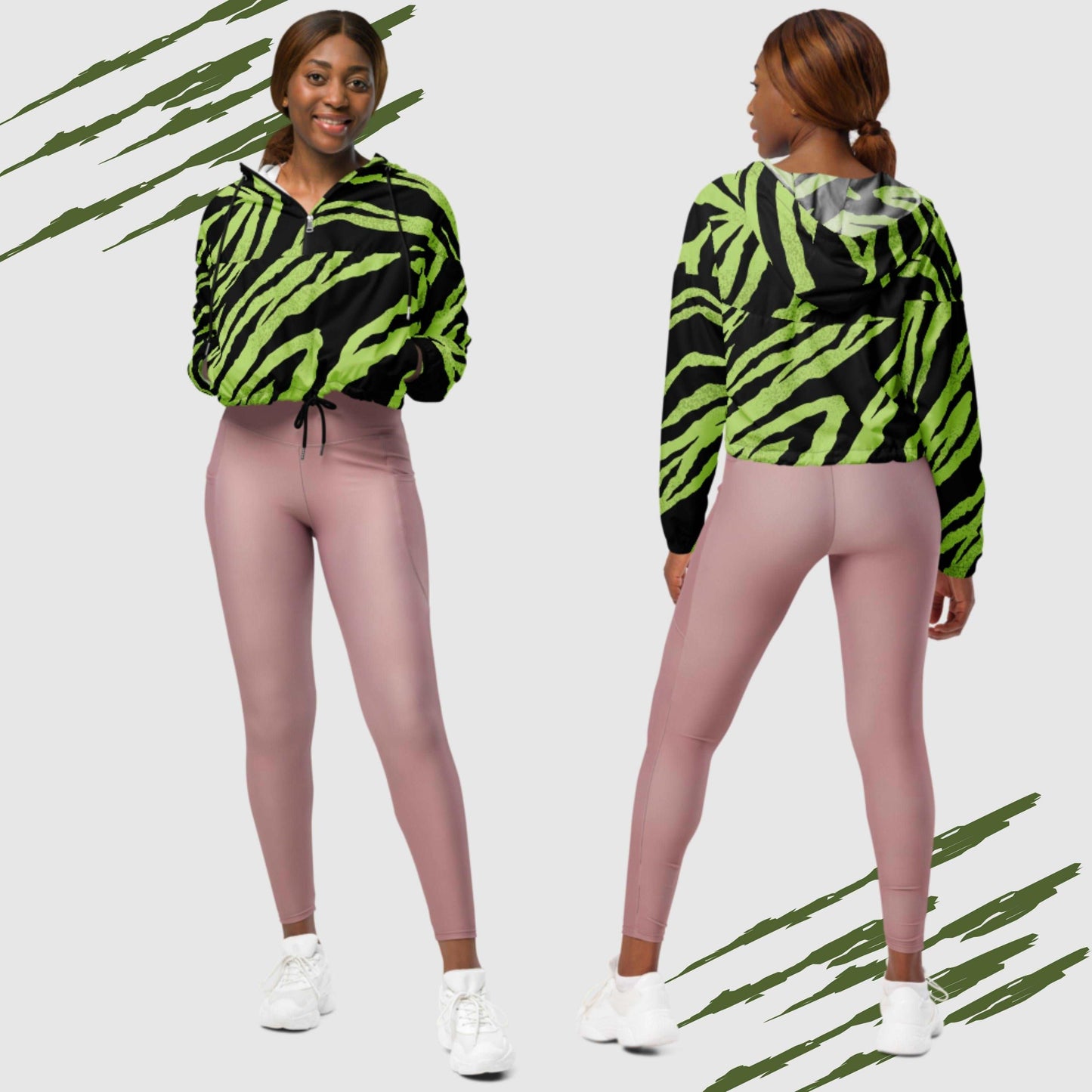 Custom Women’s Green Tiger Pattern Cropped Windbreaker Jacket | PERSONALIZED - ChoreGirl