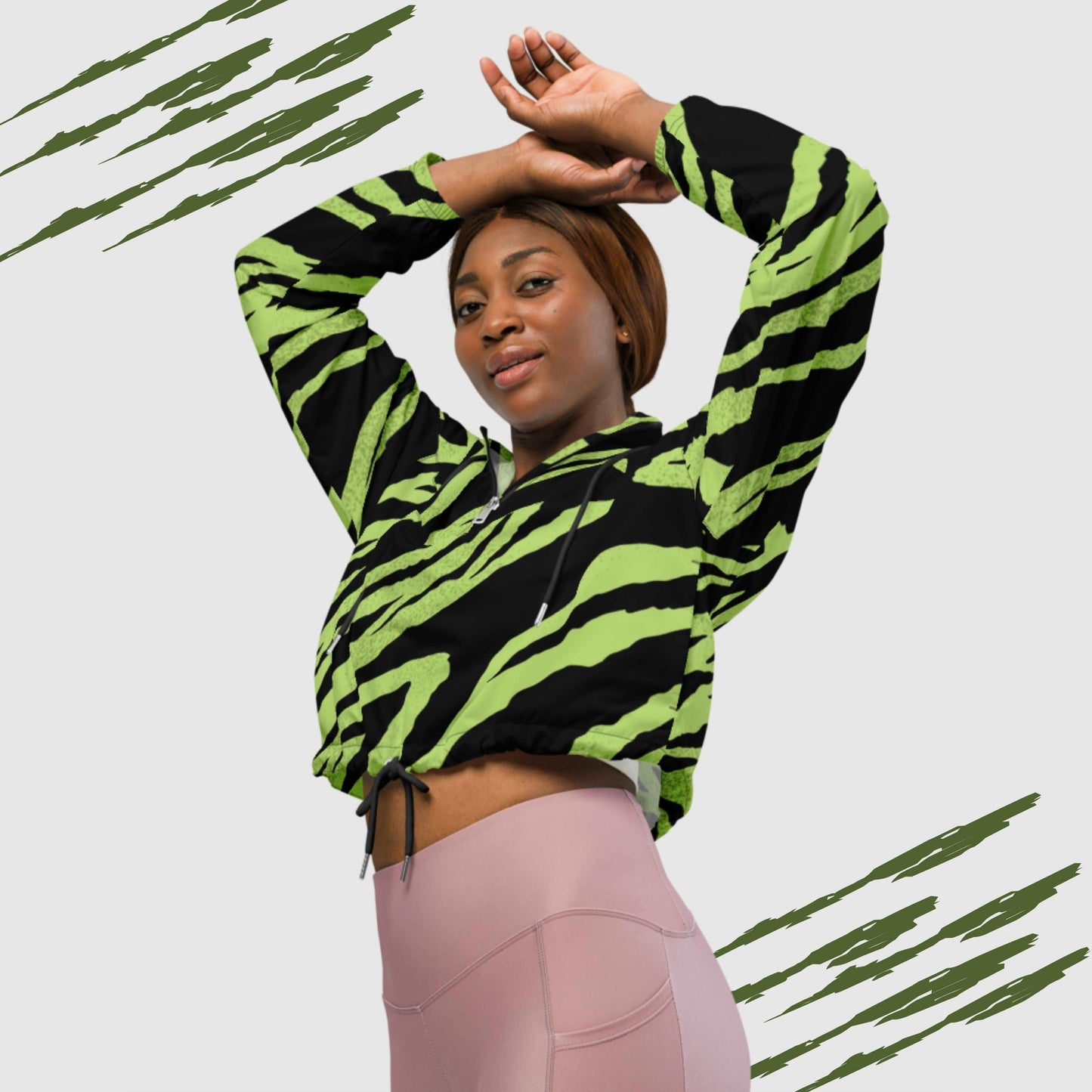 Custom Women’s Green Tiger Pattern Cropped Windbreaker Jacket | PERSONALIZED - ChoreGirl