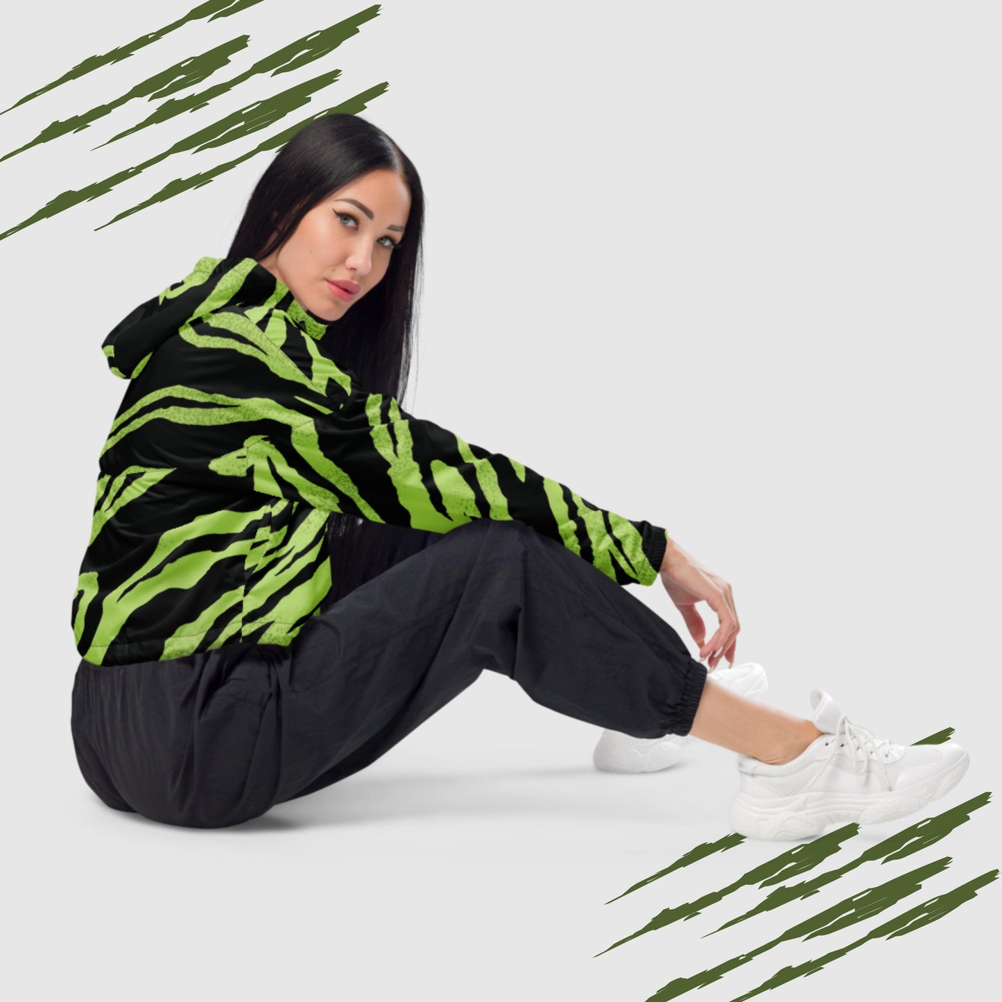 Custom Women’s Green Tiger Pattern Cropped Windbreaker Jacket | PERSONALIZED - ChoreGirl