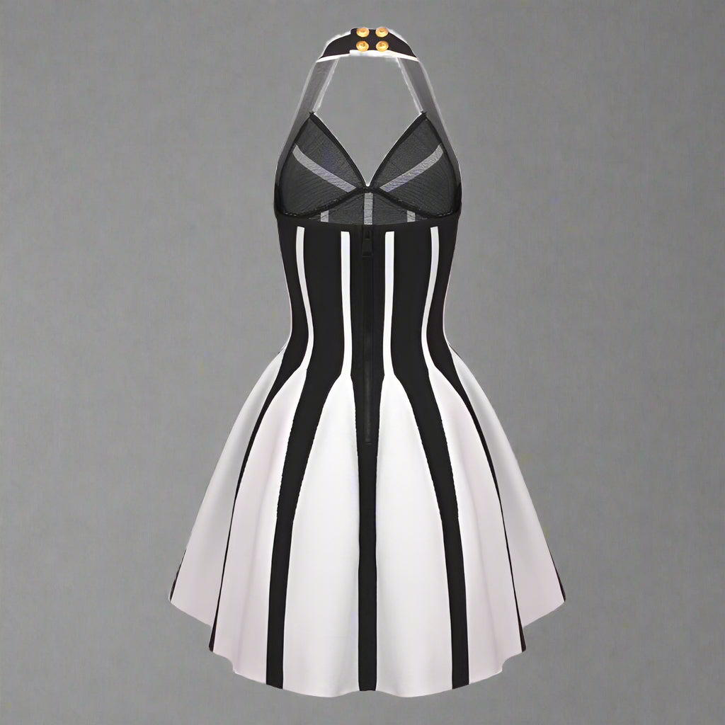 Women's Halter A-line Contrast color Black And White Short Dress - ChoreGirl