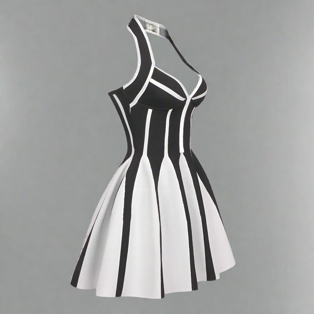 Women's Halter A-line Contrast color Black And White Short Dress - ChoreGirl