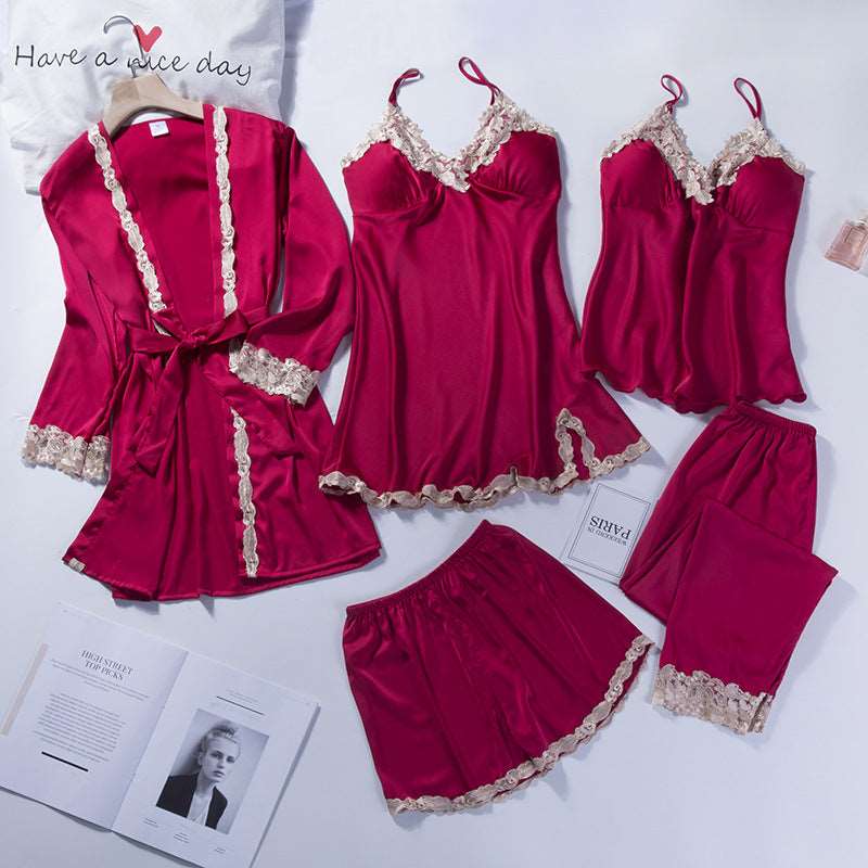 Women's Ice Silk Five Piece Pajamas Set - ChoreGirl