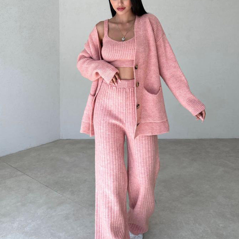 Women's Knit Pattern Sweater, Cardigan Vest and Pants Three Piece Outfit Set - ChoreGirl