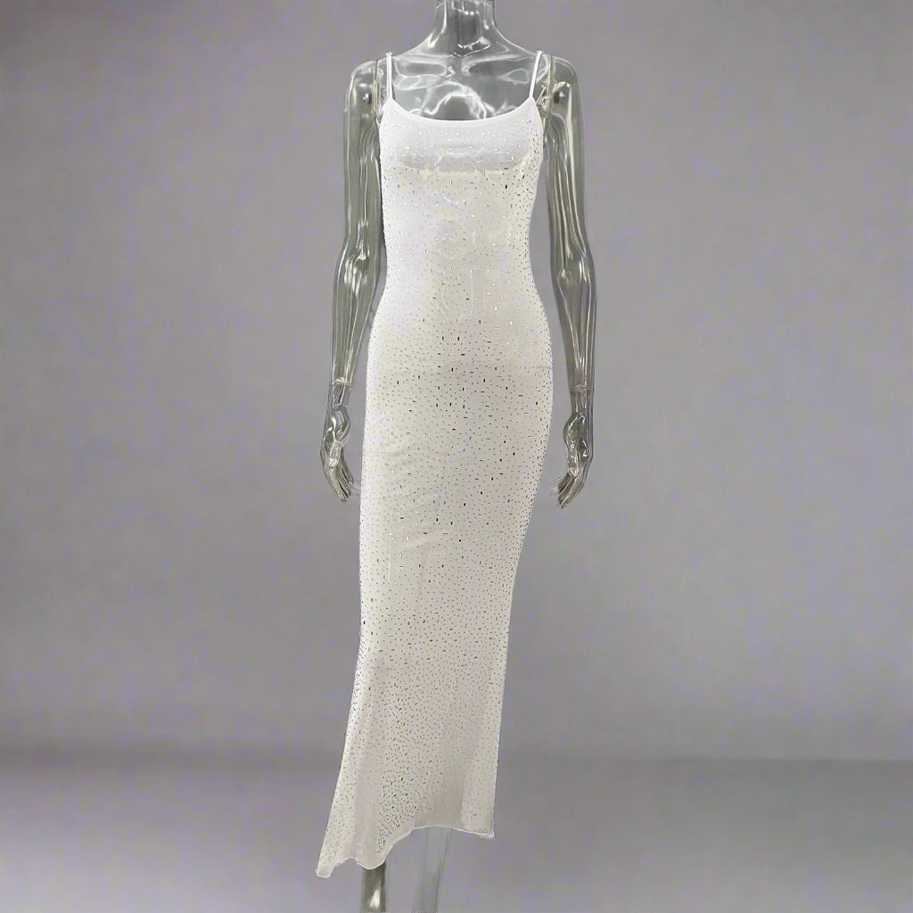 Women's Light See-through Diamond Sling Mermaid Dress with Rhinestone and Lace Detail - ChoreGirl