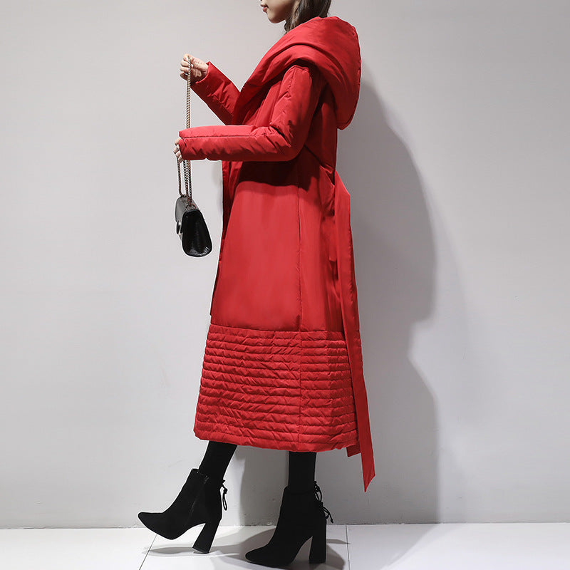 Women's Long Hooded Down Coat with Belt - ChoreGirl