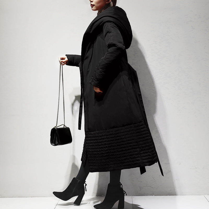 Women's Long Hooded Down Coat with Belt - ChoreGirl