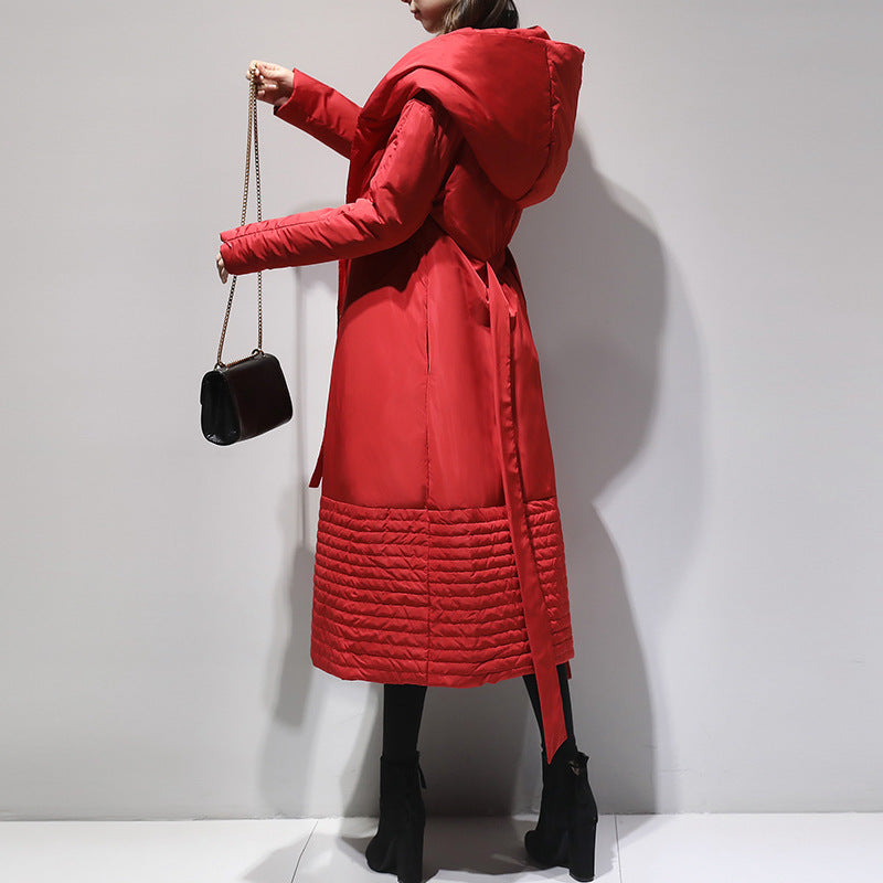 Women's Long Hooded Down Coat with Belt - ChoreGirl
