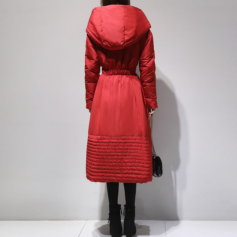 Women's Long Hooded Down Coat with Belt - ChoreGirl