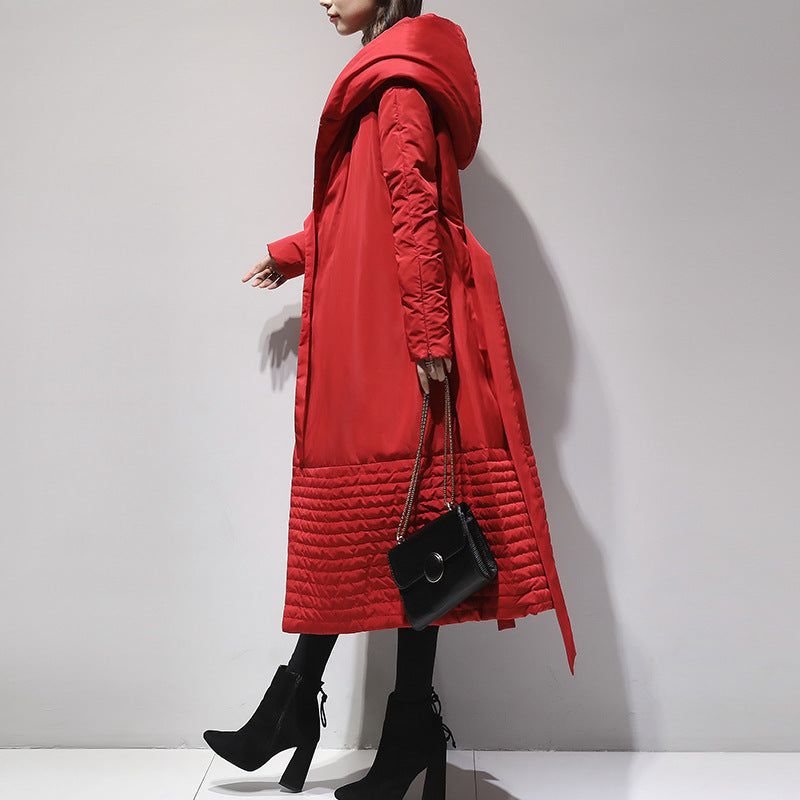 Women's Long Hooded Down Coat with Belt - ChoreGirl