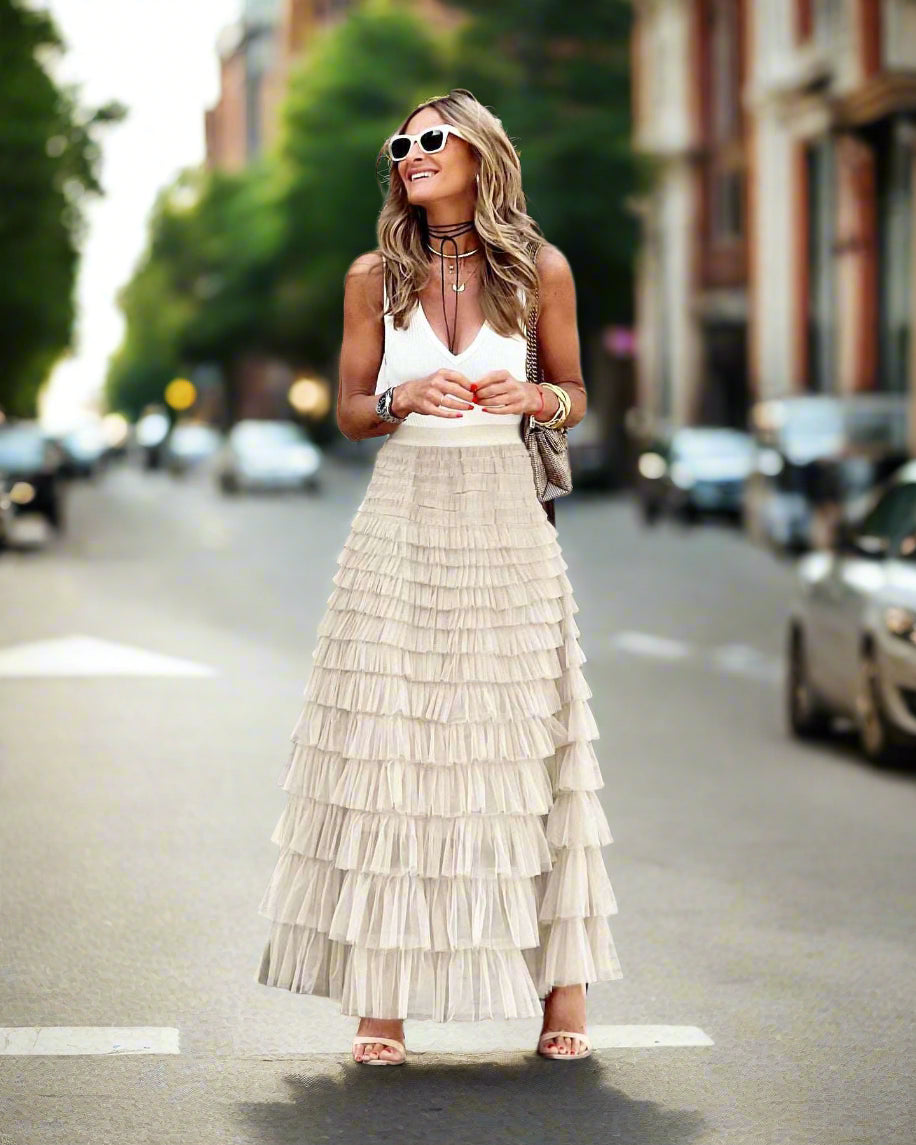 Women's Long Mesh Layered Ruffles A-Line Swing Skirt - ChoreGirl