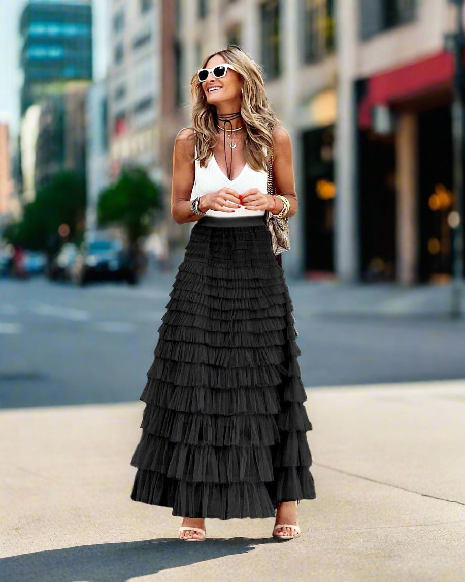 Women's Long Mesh Layered Ruffles A-Line Swing Skirt - ChoreGirl