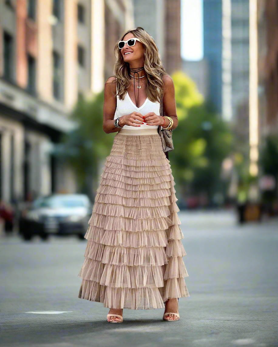 Women's Long Mesh Layered Ruffles A-Line Swing Skirt - ChoreGirl