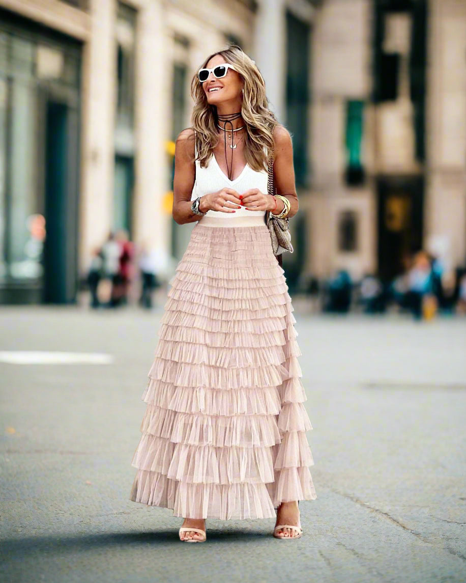 Women's Long Mesh Layered Ruffles A-Line Swing Skirt - ChoreGirl