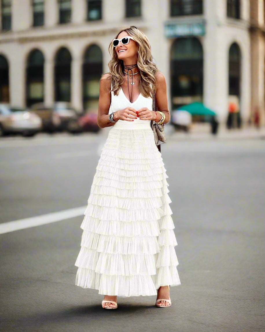 Women's Long Mesh Layered Ruffles A-Line Swing Skirt - ChoreGirl