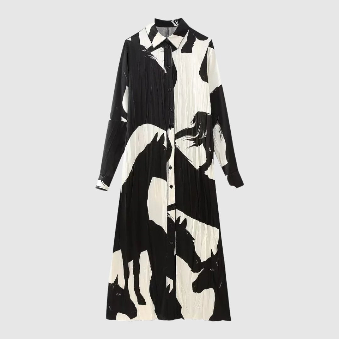 Women's Long Sleeve Black and White Shirt Style Dress - ChoreGirl