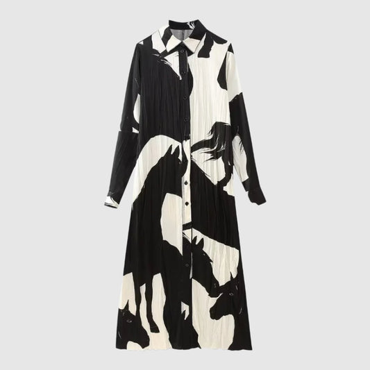 Women's Long Sleeve Black and White Shirt Style Dress - ChoreGirl