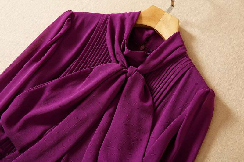 Women's Long Sleeve Chiffon Dress with a bow Bow Collar - ChoreGirl