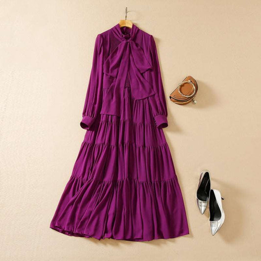 Women's Long Sleeve Chiffon Dress with a bow Bow Collar - ChoreGirl