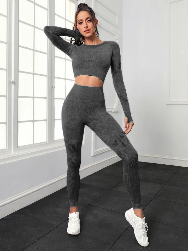 Women's Long Sleeve Crop Top and Fitness Yoga Pants Two-piece Set - ChoreGirl