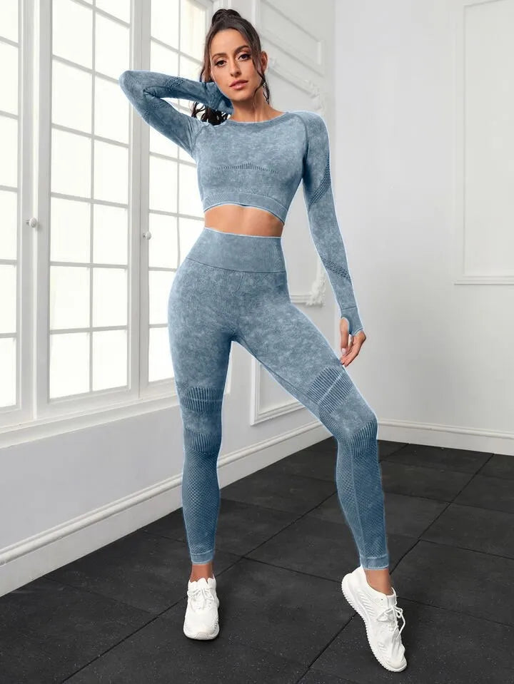 Women's Long Sleeve Crop Top and Fitness Yoga Pants Two-piece Set - ChoreGirl